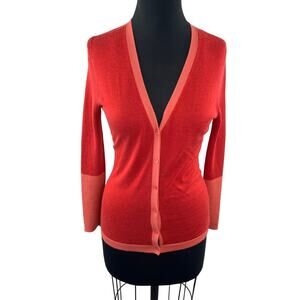Saks Fifth Avenue Red Cardigan Sweater Silk Plunge Neck Button Front Size Medium
